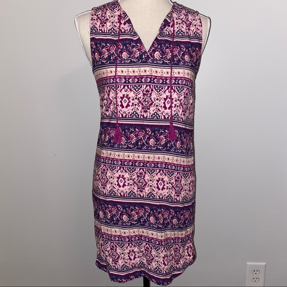 Beachlunchlounge purple striped scroll print sleeveless tassels shift dress XS